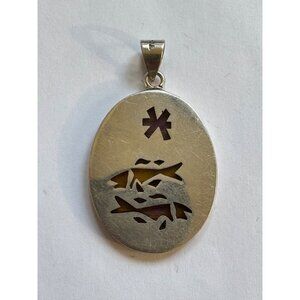 1.92 Inch MFR Sterling Silver Slide Closure Pisces Fish Pendant w/Dyed Feathers